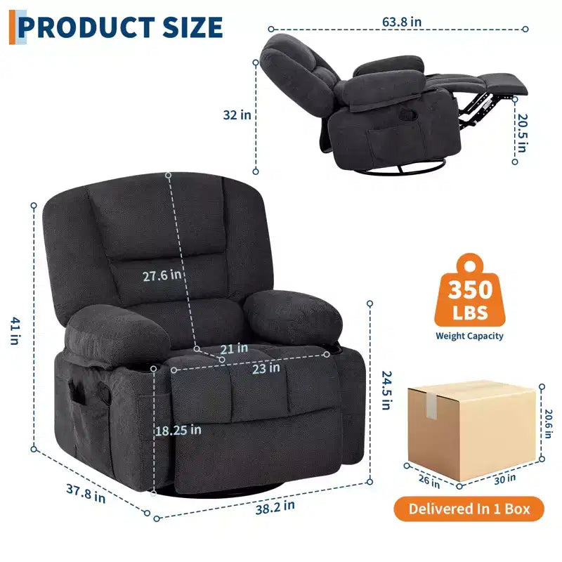 Fauteuil inclinable à bascule avec massage et chauffage, pivotant à 360°, extra large, chenille ou PU, pour salon et chambre à coucher