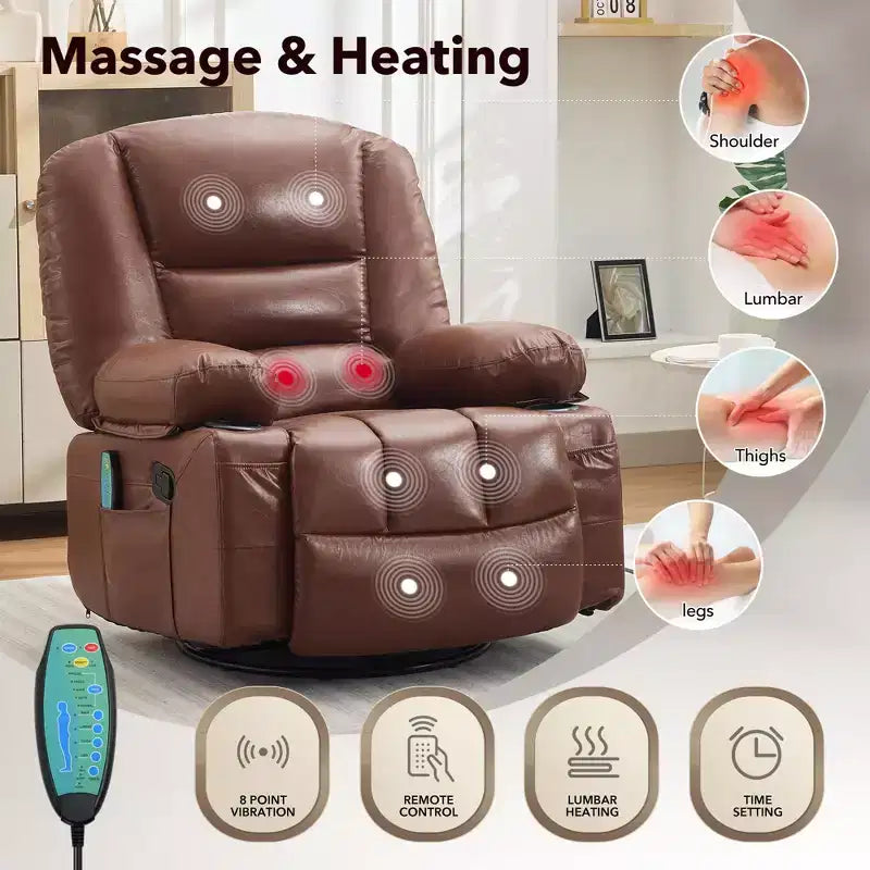 Fauteuil inclinable à bascule avec massage et chauffage, pivotant à 360°, extra large, chenille ou PU, pour salon et chambre à coucher