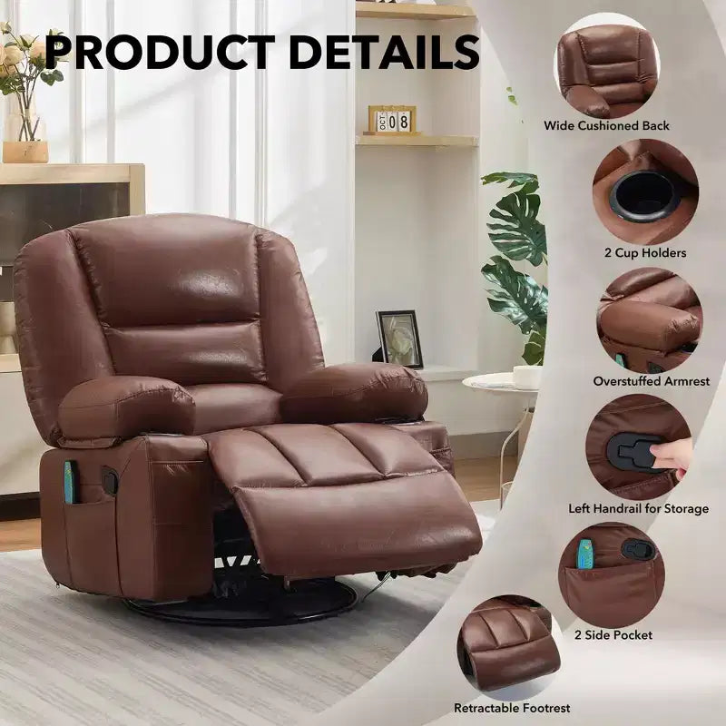 Fauteuil inclinable à bascule avec massage et chauffage, pivotant à 360°, extra large, chenille ou PU, pour salon et chambre à coucher