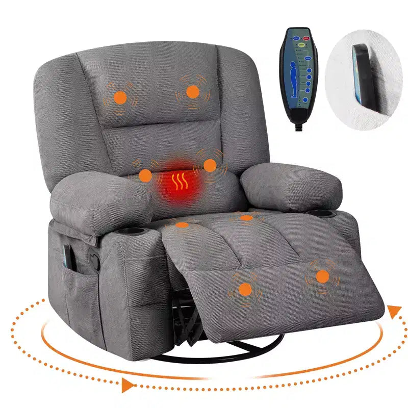 Fauteuil inclinable à bascule avec massage et chauffage, pivotant à 360°, extra large, chenille ou PU, pour salon et chambre à coucher