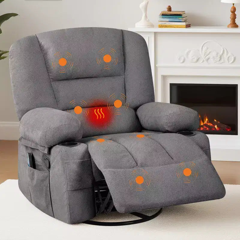 Fauteuil inclinable à bascule avec massage et chauffage, pivotant à 360°, extra large, chenille ou PU, pour salon et chambre à coucher
