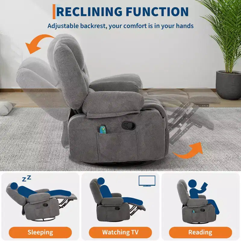 Fauteuil inclinable à bascule avec massage et chauffage, pivotant à 360°, extra large, chenille ou PU, pour salon et chambre à coucher