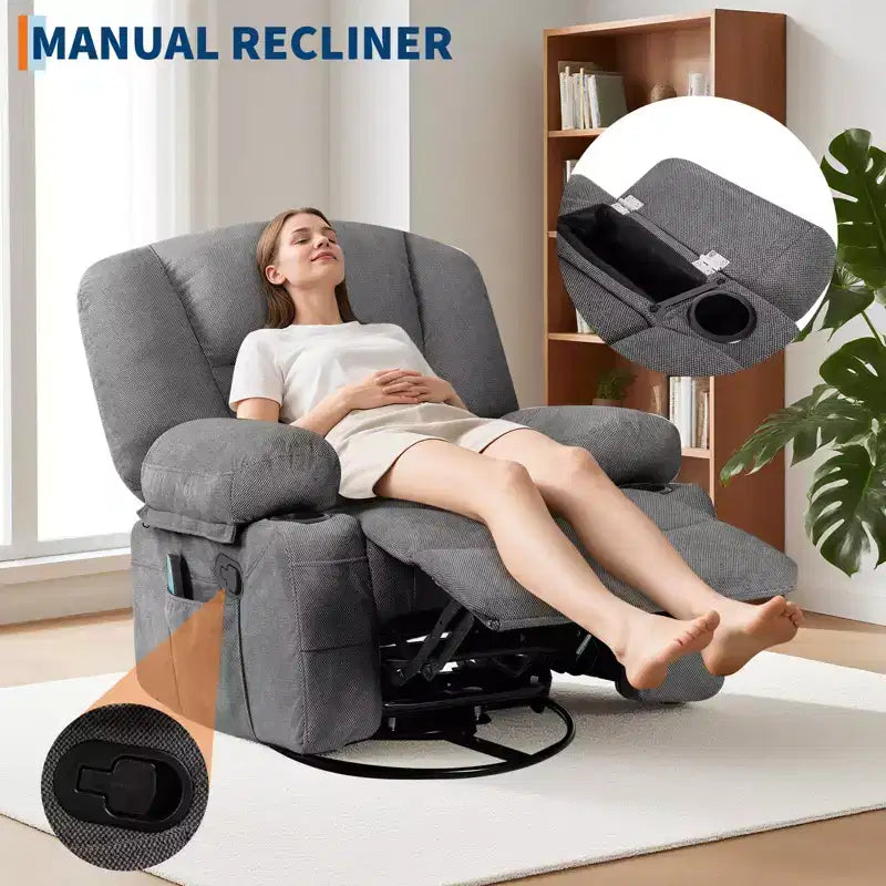 Fauteuil inclinable à bascule avec massage et chauffage, pivotant à 360°, extra large, chenille ou PU, pour salon et chambre à coucher