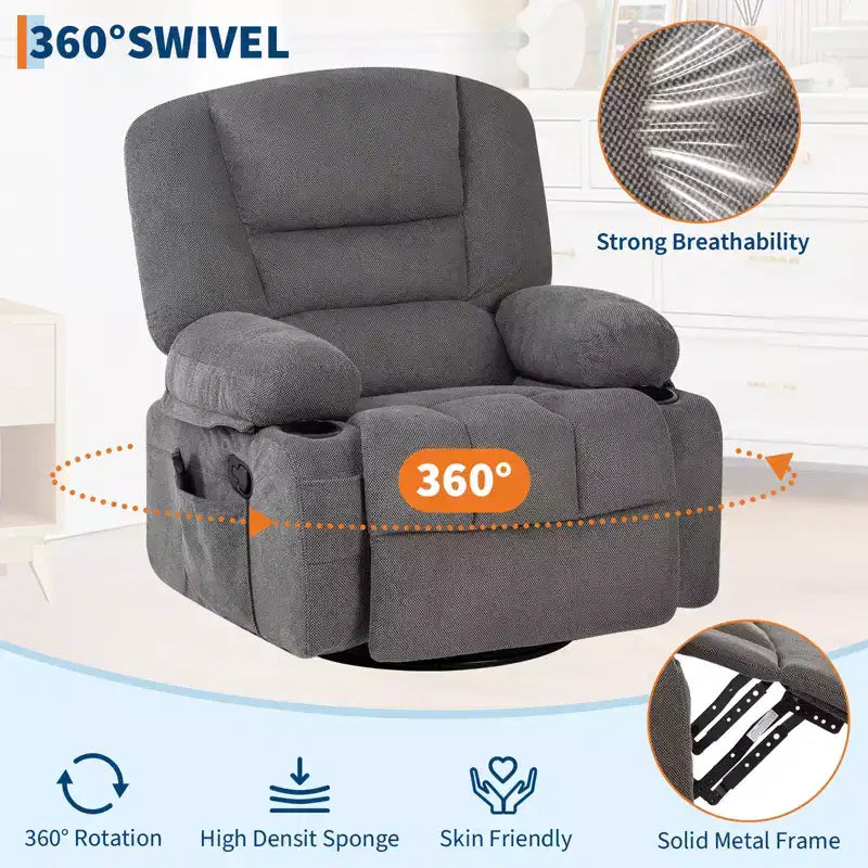 Fauteuil inclinable à bascule avec massage et chauffage, pivotant à 360°, extra large, chenille ou PU, pour salon et chambre à coucher