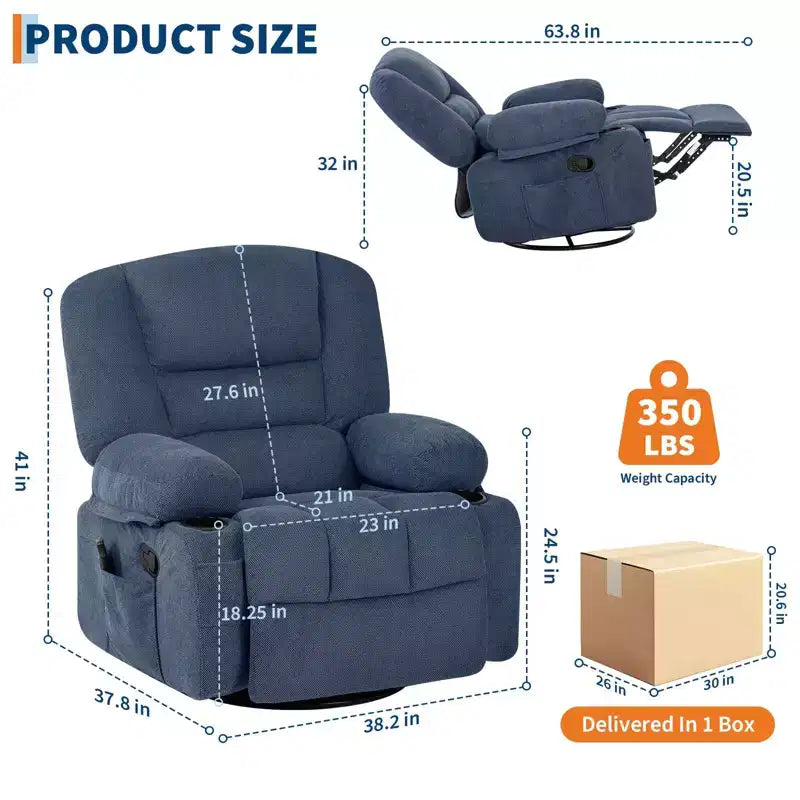 Fauteuil inclinable à bascule avec massage et chauffage, pivotant à 360°, extra large, chenille ou PU, pour salon et chambre à coucher