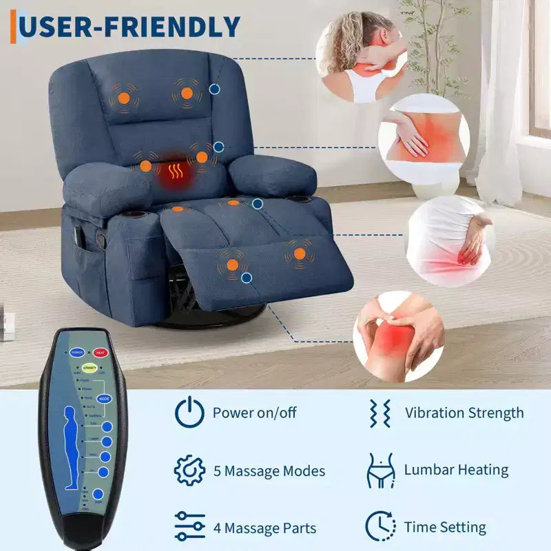 Fauteuil inclinable à bascule avec massage et chauffage, pivotant à 360°, extra large, chenille ou PU, pour salon et chambre à coucher