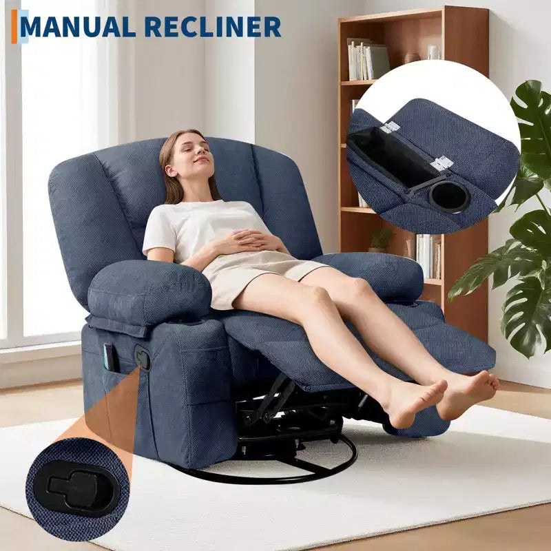 Fauteuil inclinable à bascule avec massage et chauffage, pivotant à 360°, extra large, chenille ou PU, pour salon et chambre à coucher