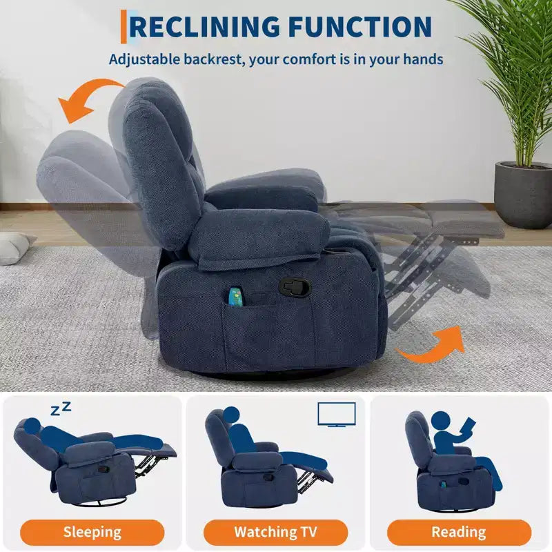 Fauteuil inclinable à bascule avec massage et chauffage, pivotant à 360°, extra large, chenille ou PU, pour salon et chambre à coucher