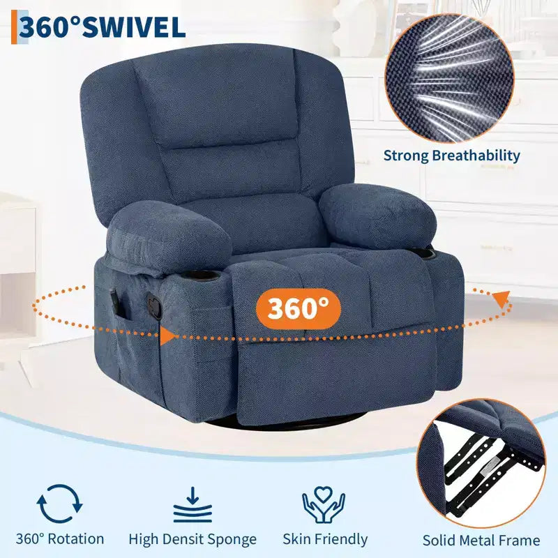 Fauteuil inclinable à bascule avec massage et chauffage, pivotant à 360°, extra large, chenille ou PU, pour salon et chambre à coucher