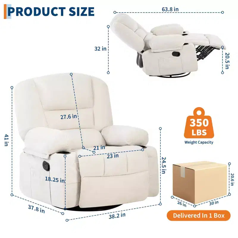 Fauteuil inclinable à bascule avec massage et chauffage, pivotant à 360°, extra large, chenille ou PU, pour salon et chambre à coucher