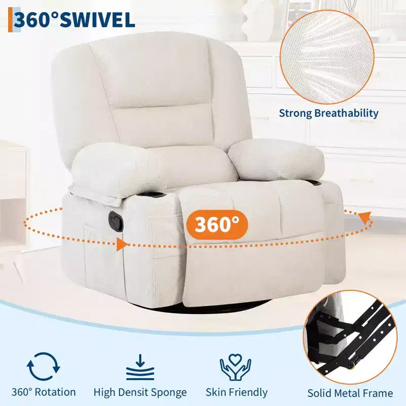 Fauteuil inclinable à bascule avec massage et chauffage, pivotant à 360°, extra large, chenille ou PU, pour salon et chambre à coucher