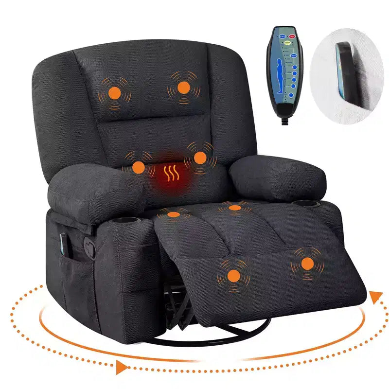Fauteuil inclinable à bascule avec massage et chauffage, pivotant à 360°, extra large, chenille ou PU, pour salon et chambre à coucher
