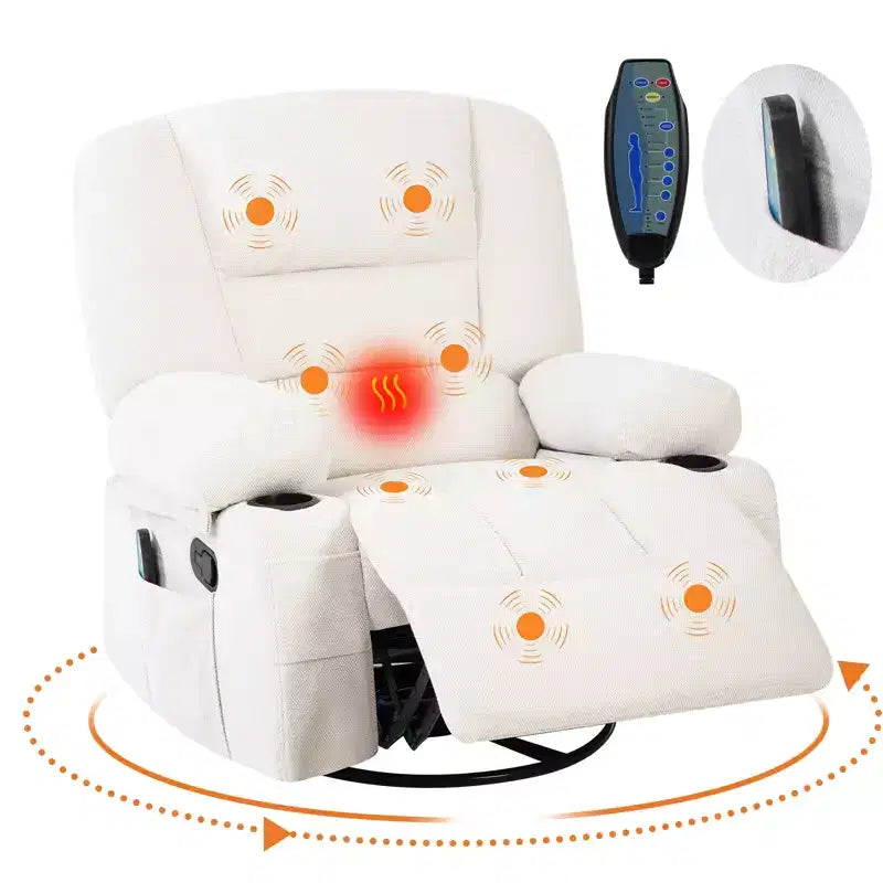 Fauteuil inclinable à bascule avec massage et chauffage, pivotant à 360°, extra large, chenille ou PU, pour salon et chambre à coucher