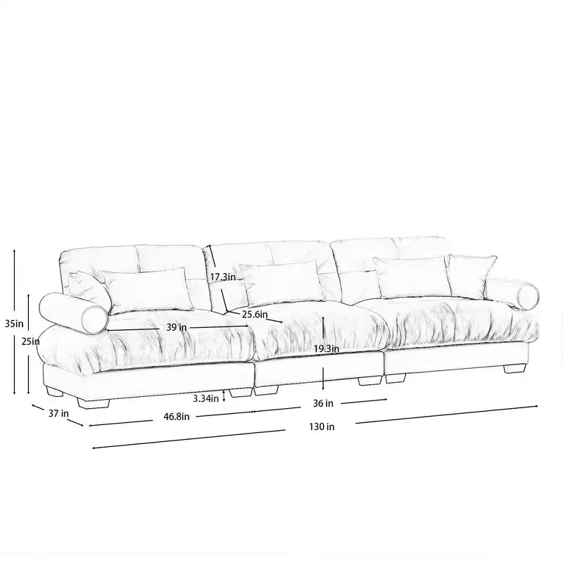 Grand canapé 3 places moderne en velours, assise et dossier confortables comme un nuage avec coussins lombaires et coussins décoratifs crème