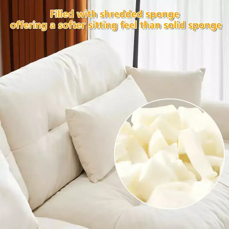 Grand canapé 3 places moderne en velours, assise et dossier confortables comme un nuage avec coussins lombaires et coussins décoratifs crème