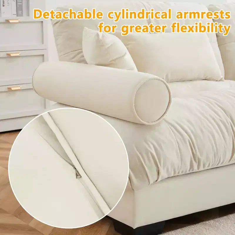 Grand canapé 3 places moderne en velours, assise et dossier confortables comme un nuage avec coussins lombaires et coussins décoratifs crème