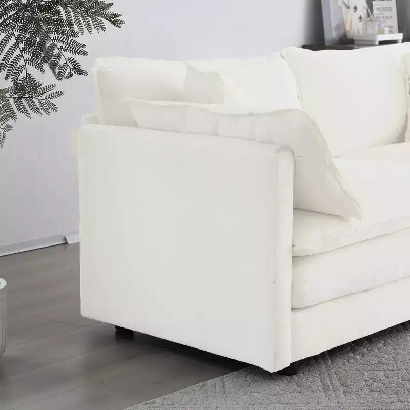 Canapé moderne 2 places pour salon, rembourré, profond, avec 4 coussins, en chenille blanche