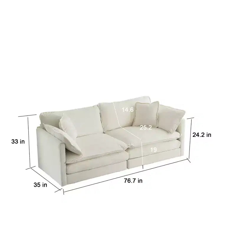 Canapé moderne 2 places pour salon, rembourré, profond, avec 4 coussins, en chenille blanche