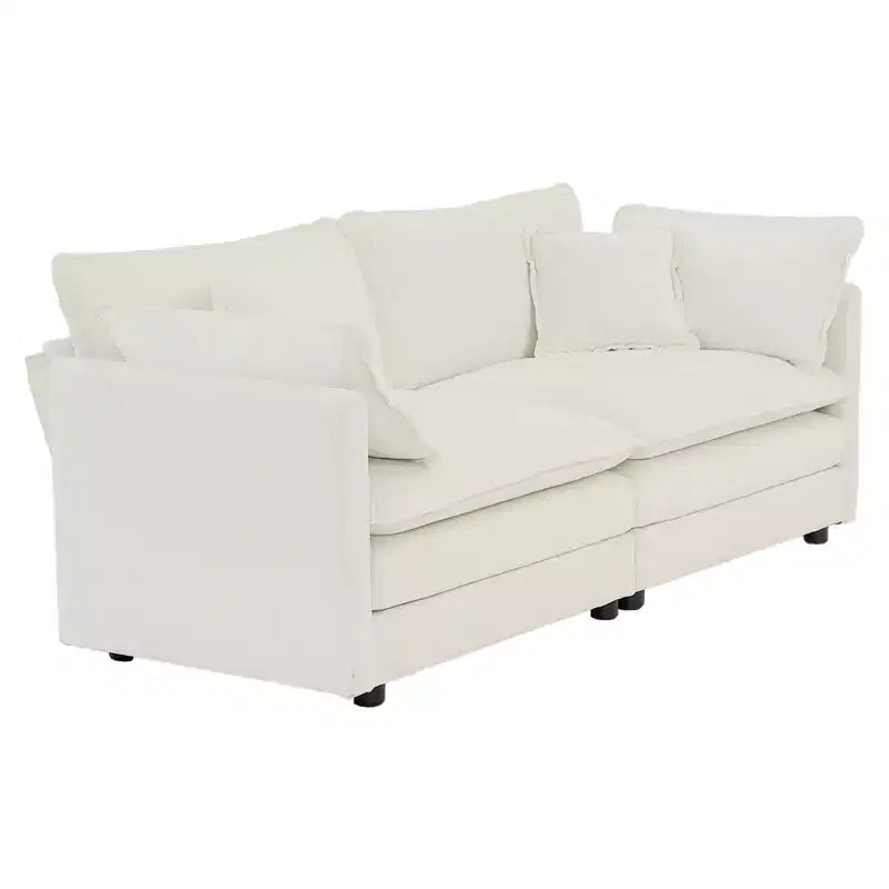 Canapé moderne 2 places pour salon, rembourré, profond, avec 4 coussins, en chenille blanche