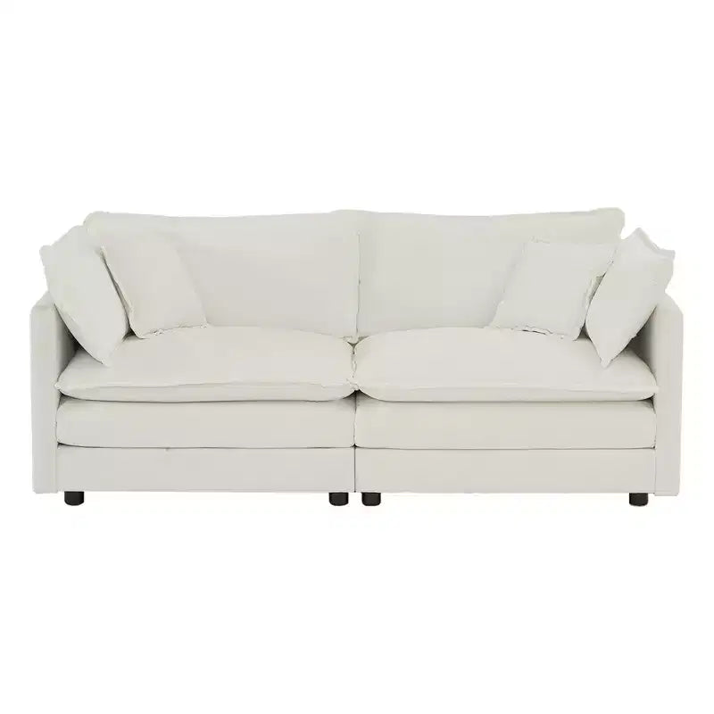 Canapé moderne 2 places pour salon, rembourré, profond, avec 4 coussins, en chenille blanche