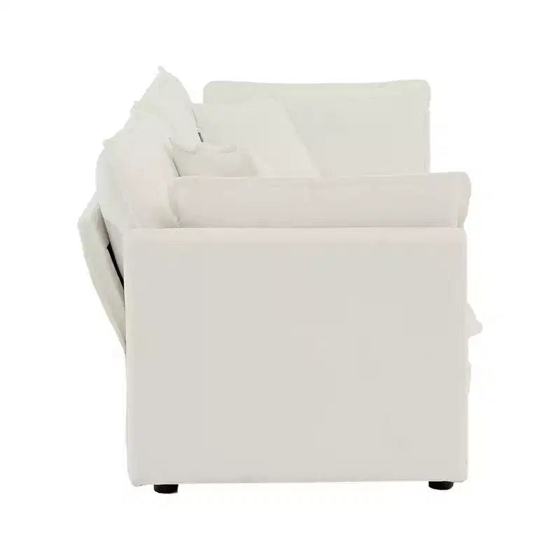 Canapé moderne 2 places pour salon, rembourré, profond, avec 4 coussins, en chenille blanche