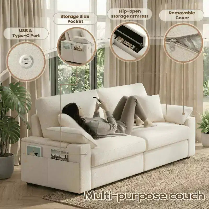 Canapé moderne en lin – Canapé confortable avec ports USB et USB-C et rangement dissimulé dans les accoudoirs