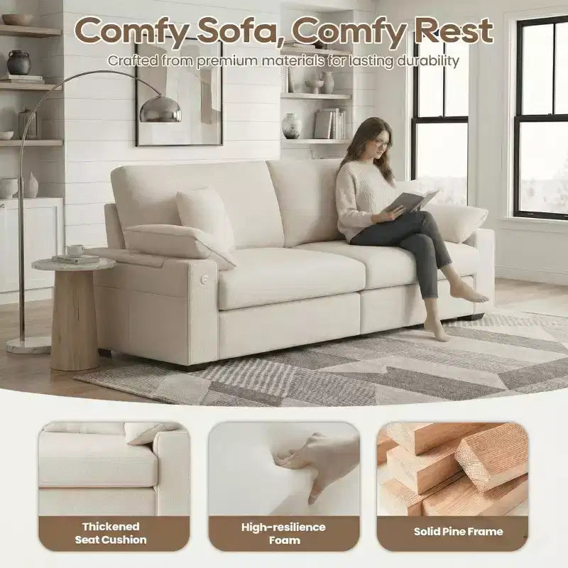 Canapé moderne en lin – Canapé confortable avec ports USB et USB-C et rangement dissimulé dans les accoudoirs