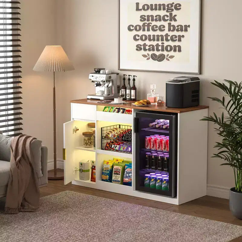 Meuble de bar à collation avec espace réfrigérateur, organiseur de collations avec rangement pour cinéma maison