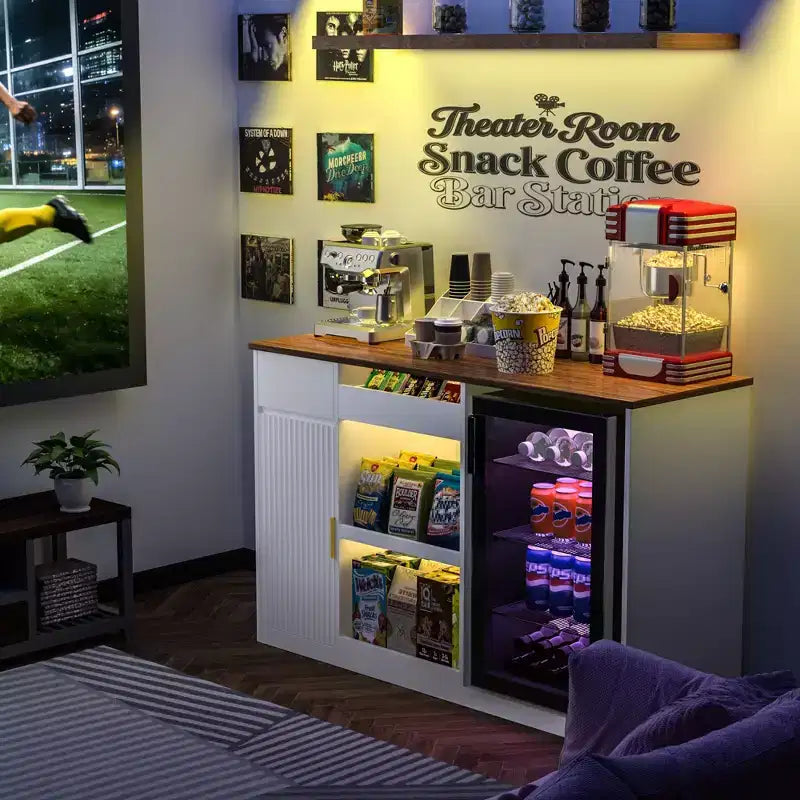 Meuble de bar à collation avec espace réfrigérateur, organiseur de collations avec rangement pour cinéma maison