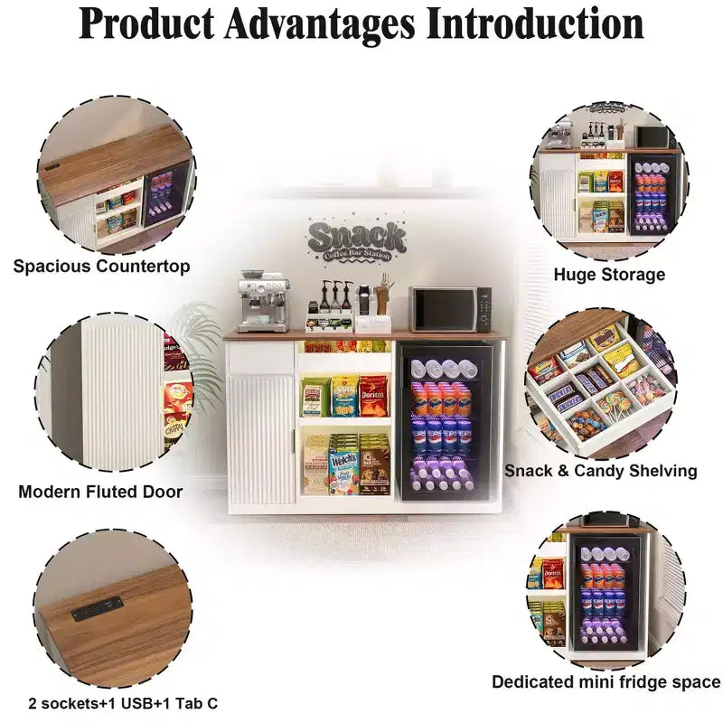 Meuble de bar à collation avec espace réfrigérateur, organiseur de collations avec rangement pour cinéma maison