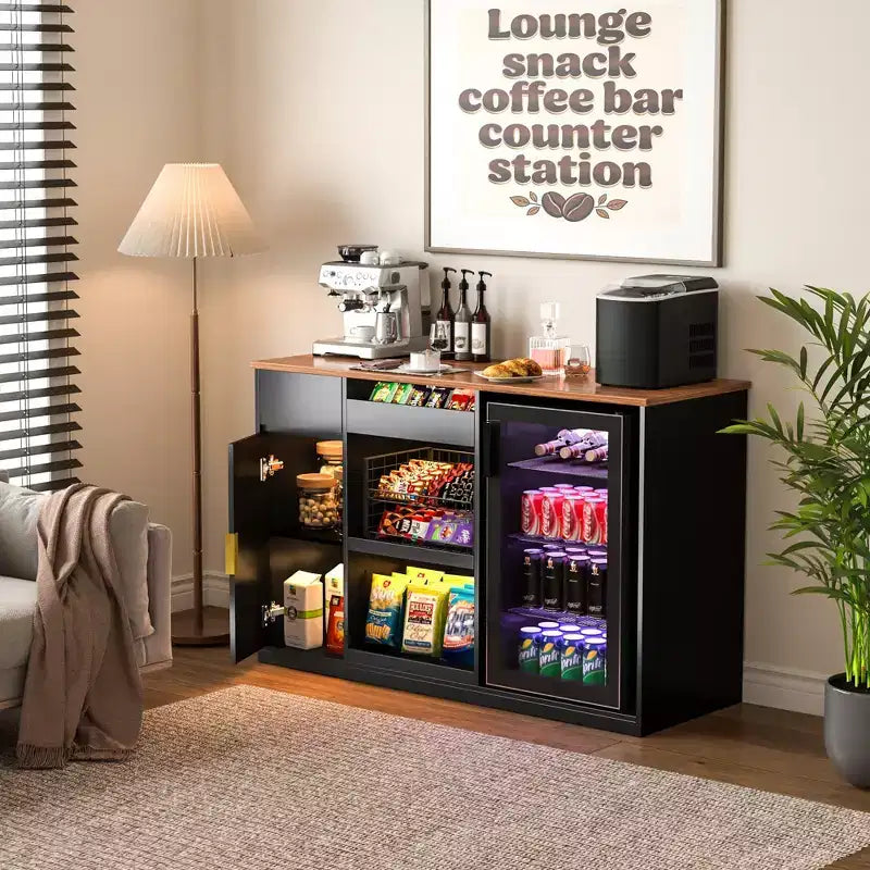 Meuble de bar à collation avec espace réfrigérateur, organiseur de collations avec rangement pour cinéma maison