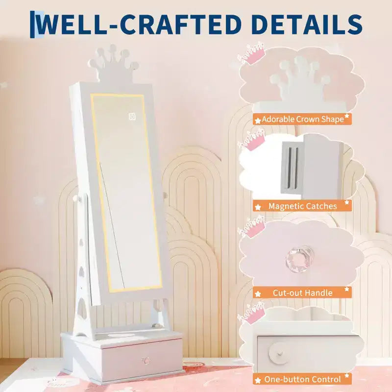 Meuble à Bijoux Enfant, Organisateur de Bijoux Sur Pied avec Miroir Pleine Longueur, 3 Tiroirs de Rangement, Miroir de Coiffeuse pour Enfants