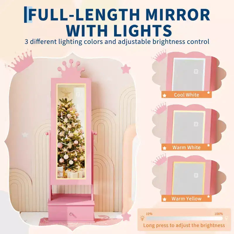 Meuble à Bijoux Enfant, Organisateur de Bijoux Sur Pied avec Miroir Pleine Longueur, 3 Tiroirs de Rangement, Miroir de Coiffeuse pour Enfants