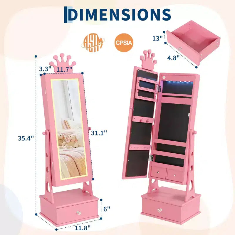 Meuble à Bijoux Enfant, Organisateur de Bijoux Sur Pied avec Miroir Pleine Longueur, 3 Tiroirs de Rangement, Miroir de Coiffeuse pour Enfants