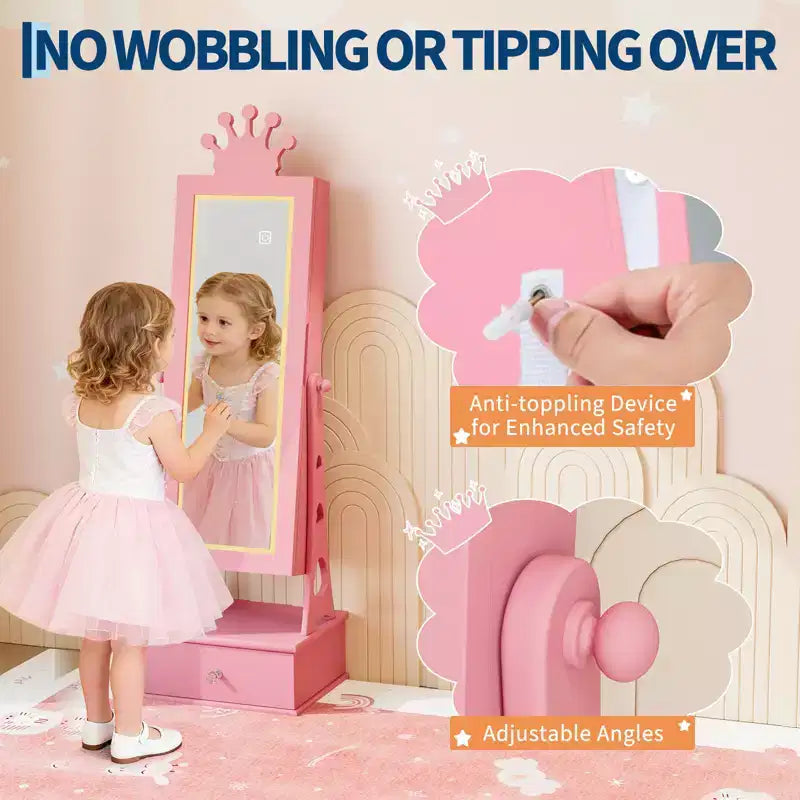 Meuble à Bijoux Enfant, Organisateur de Bijoux Sur Pied avec Miroir Pleine Longueur, 3 Tiroirs de Rangement, Miroir de Coiffeuse pour Enfants