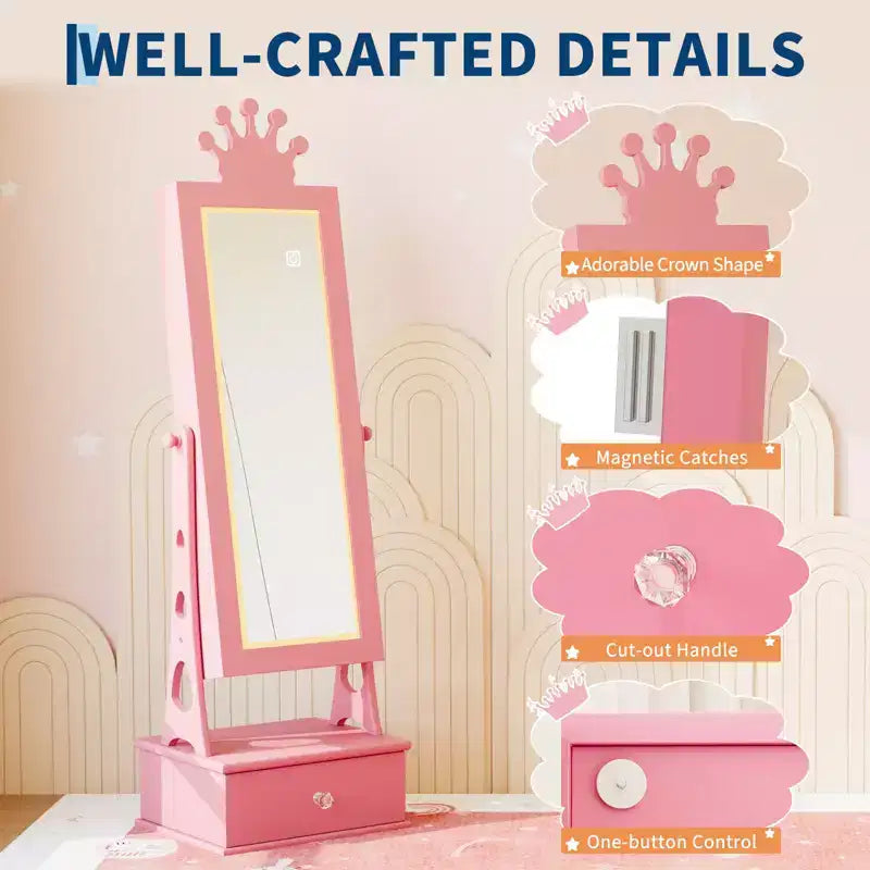Meuble à Bijoux Enfant, Organisateur de Bijoux Sur Pied avec Miroir Pleine Longueur, 3 Tiroirs de Rangement, Miroir de Coiffeuse pour Enfants