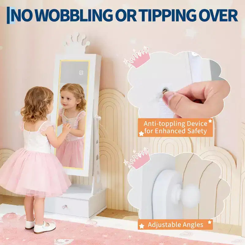 Meuble à Bijoux Enfant, Organisateur de Bijoux Sur Pied avec Miroir Pleine Longueur, 3 Tiroirs de Rangement, Miroir de Coiffeuse pour Enfants
