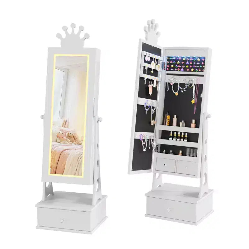 Meuble à Bijoux Enfant, Organisateur de Bijoux Sur Pied avec Miroir Pleine Longueur, 3 Tiroirs de Rangement, Miroir de Coiffeuse pour Enfants