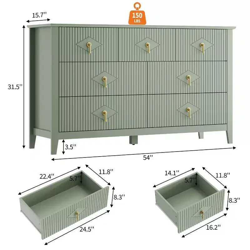 Commode moderne de 137 cm de large à 7 tiroirs avec poignées métalliques, commode en bois et meuble de rangement pour chambre, salon et entrée