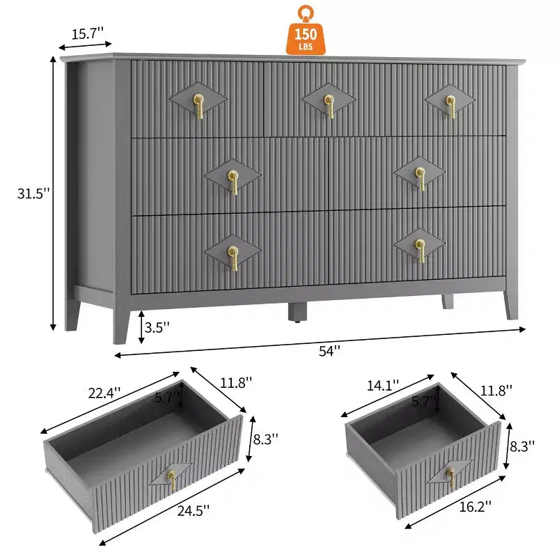 Commode moderne de 137 cm de large à 7 tiroirs avec poignées métalliques, commode en bois et meuble de rangement pour chambre, salon et entrée
