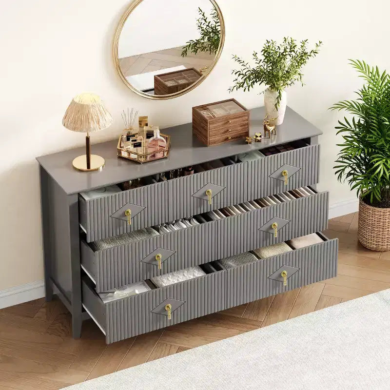 Commode moderne de 137 cm de large à 7 tiroirs avec poignées métalliques, commode en bois et meuble de rangement pour chambre, salon et entrée