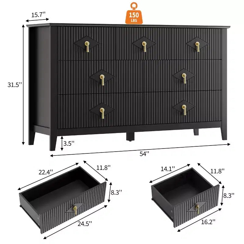 Commode moderne de 137 cm de large à 7 tiroirs avec poignées métalliques, commode en bois et meuble de rangement pour chambre, salon et entrée