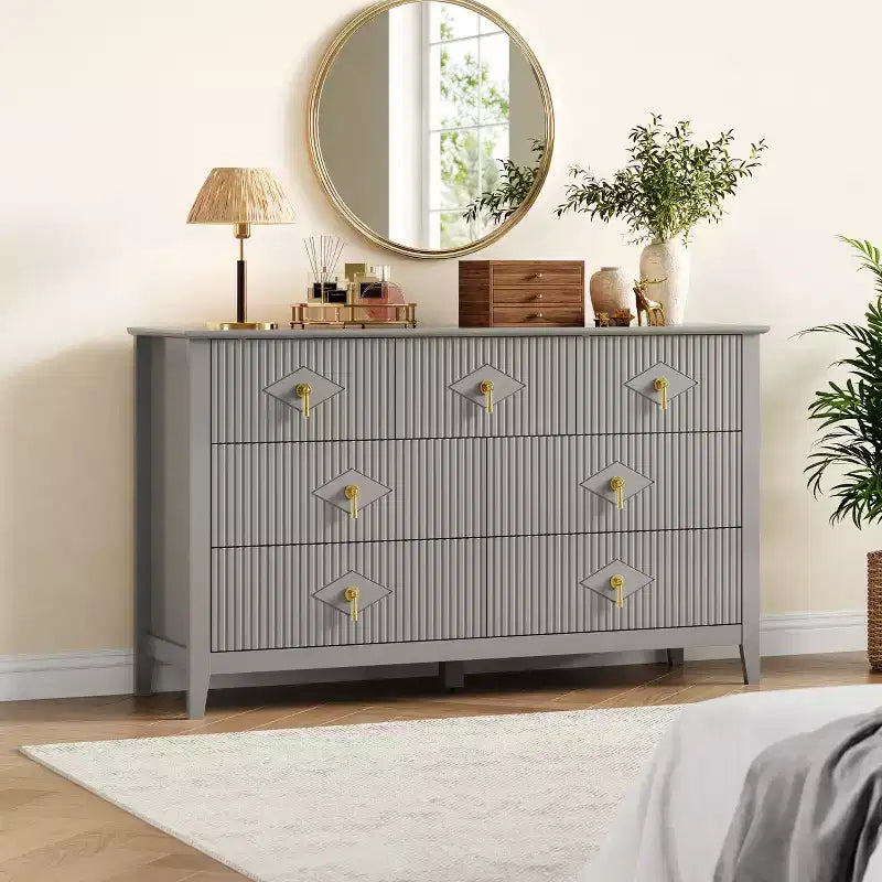 Commode moderne de 137 cm de large à 7 tiroirs avec poignées métalliques, commode en bois et meuble de rangement pour chambre, salon et entrée