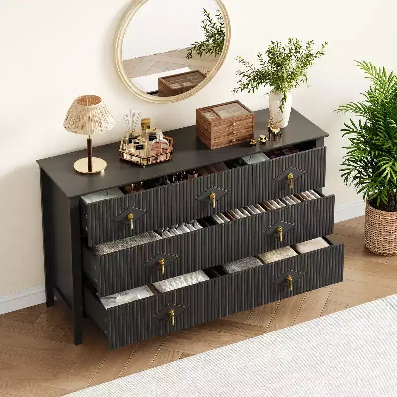 Commode moderne de 137 cm de large à 7 tiroirs avec poignées métalliques, commode en bois et meuble de rangement pour chambre, salon et entrée