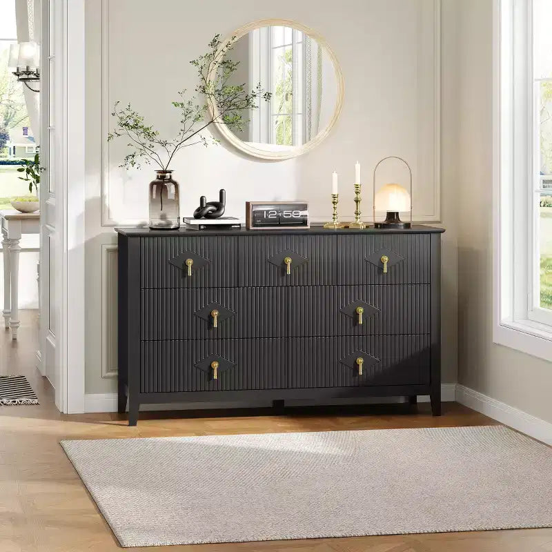 Commode moderne de 137 cm de large à 7 tiroirs avec poignées métalliques, commode en bois et meuble de rangement pour chambre, salon et entrée