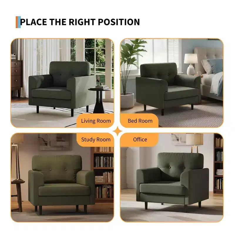 Fauteuil d'appoint ergonomique en lin de 38 pouces de large, fauteuil moderne une place avec mousse haute densité et accoudoirs larges pour le salon, le bureau et la chambre à coucher
