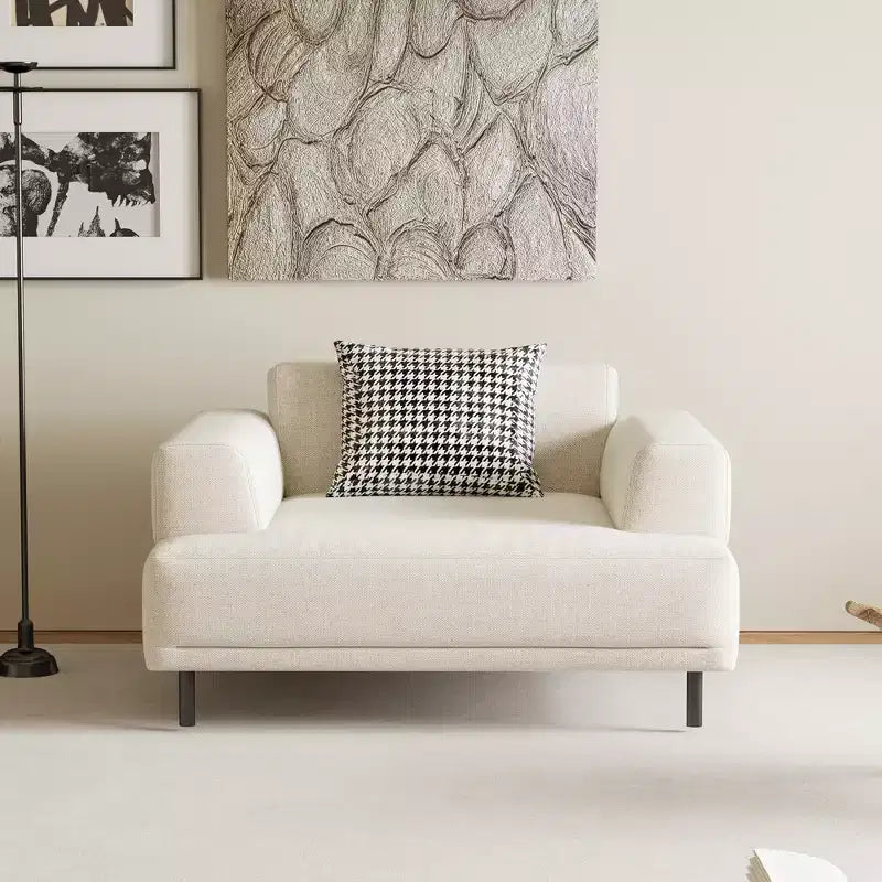 Canapé moderne en tissu coton-lin respirant, structure en bois massif, coussin d'assise en éponge haute élasticité, beige clair