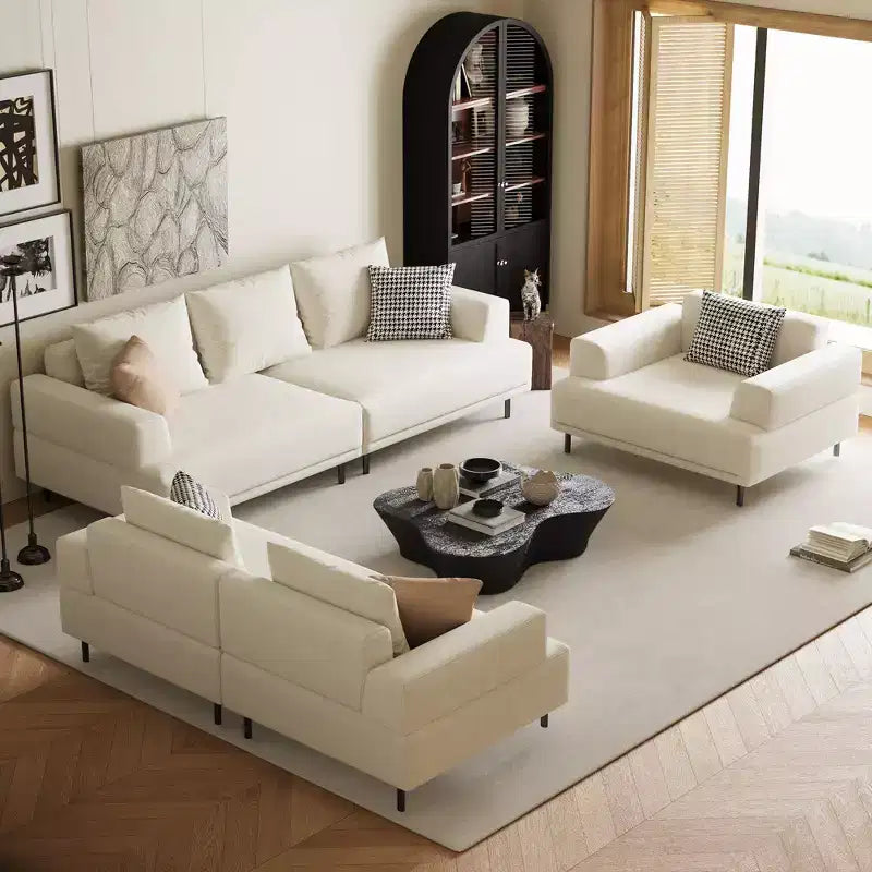 Canapé moderne en tissu coton-lin respirant, structure en bois massif, coussin d'assise en éponge haute élasticité, beige clair