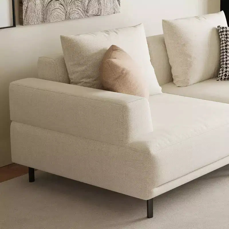 Canapé moderne en tissu coton-lin respirant, structure en bois massif, coussin d'assise en éponge haute élasticité, beige clair