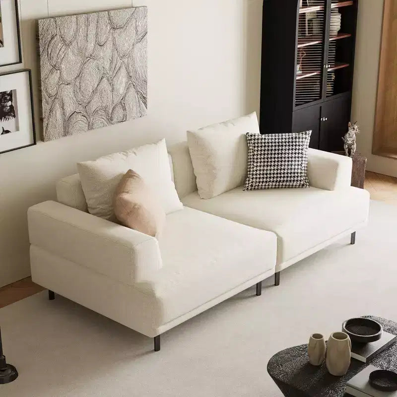 Canapé moderne en tissu coton-lin respirant, structure en bois massif, coussin d'assise en éponge haute élasticité, beige clair